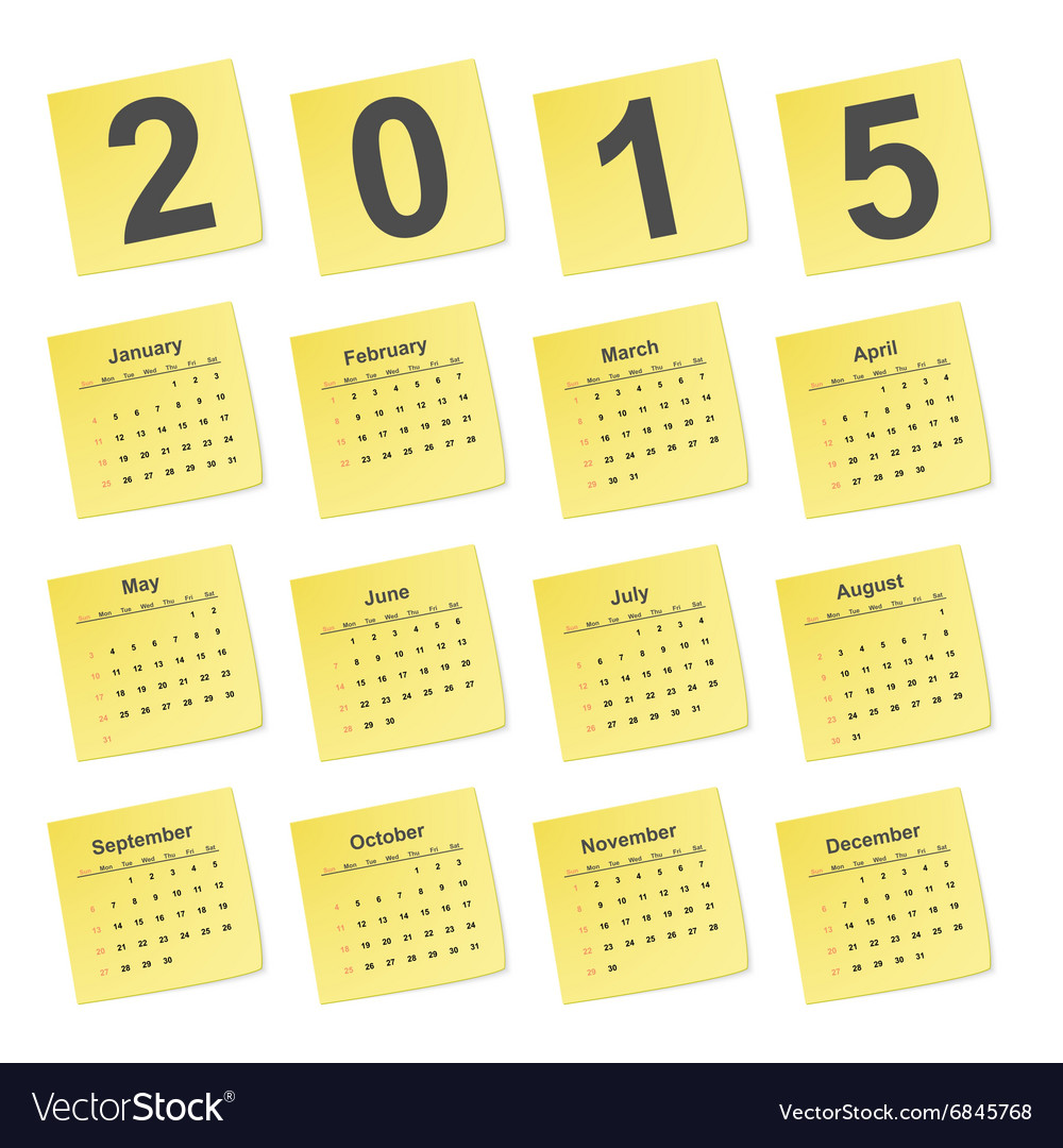 simple calendar 2015 year on yellow stick notes vector image simple calendar 2015
