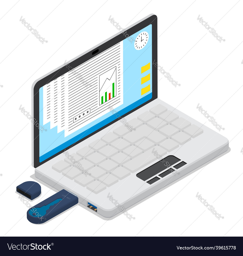 Isometric open portable notebook with usb stick
