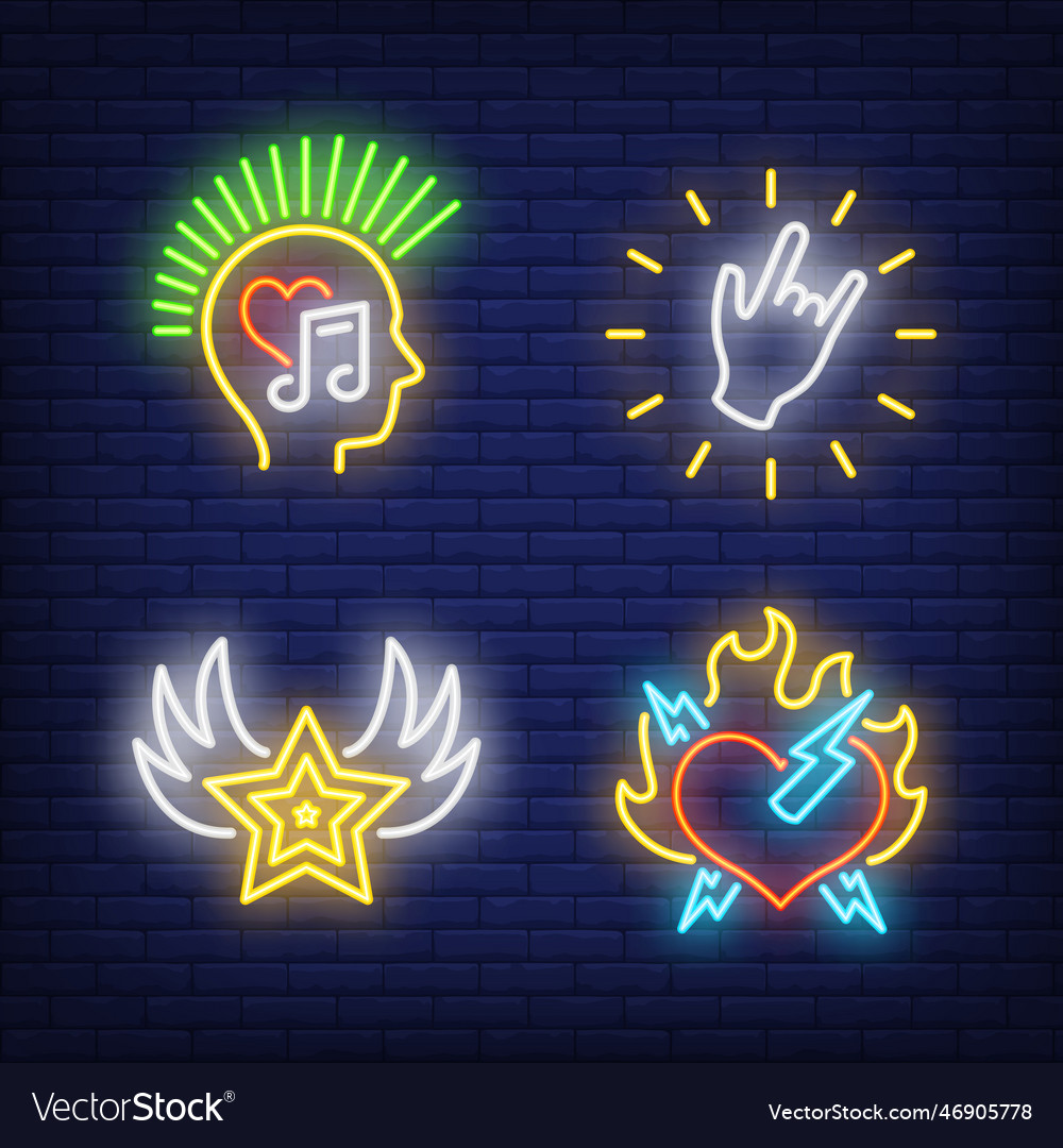 Rock music neon signs set Royalty Free Vector Image