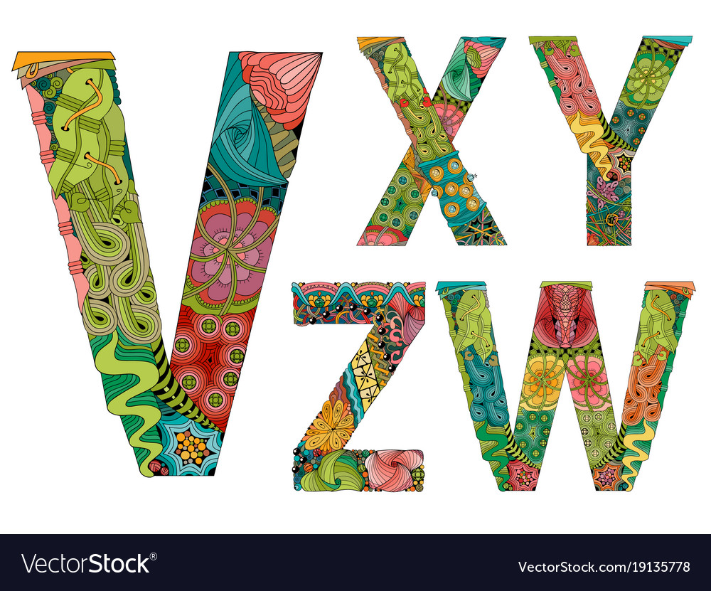 Unusual colorful alphabet doodle style letters