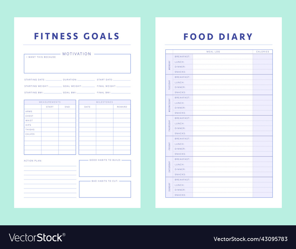 Fitness goal and food diary planner template Vector Image