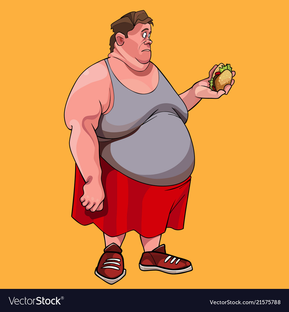 Cartoon fat man looks at hamburger in his hand in Vector Image