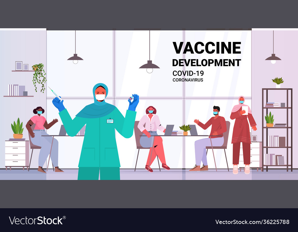 Doctor in mask vaccinating patients to fight Vector Image