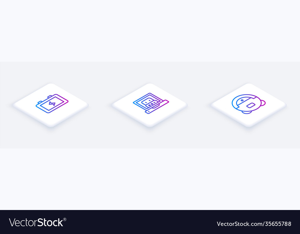 Set isometric line battery creating robot vector image Set isometric line battery creating robot