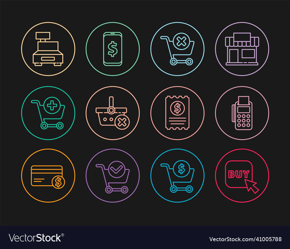 Set line buy button pos terminal with credit card vector image Set line buy button pos terminal with credit card