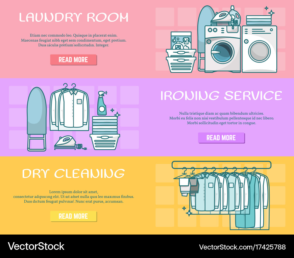 Set Of Laundry Horizontal Banners In Linear Vector Image