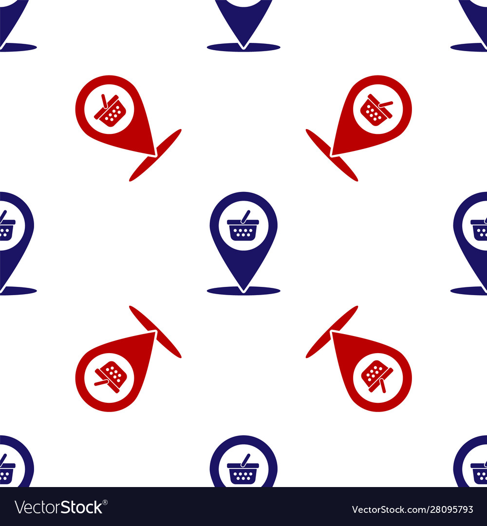 Blue and red map pointer with shopping basket icon vector image Blue and red map pointer with shopping basket icon