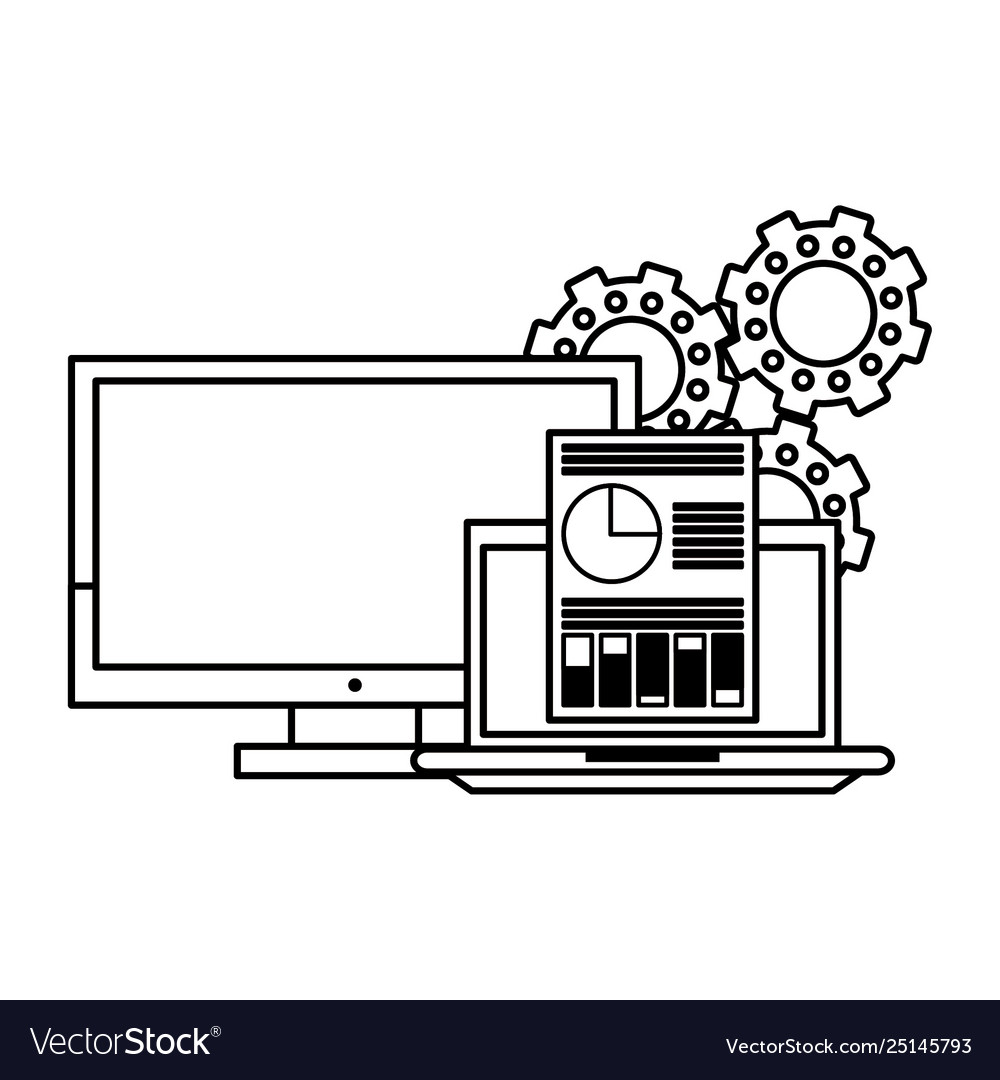 Computer with documents and gears in black