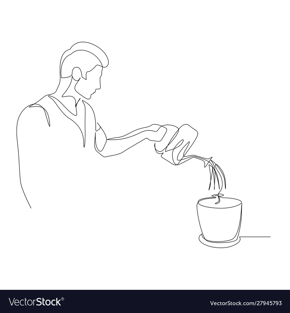 Continuous one line man is watering a plant