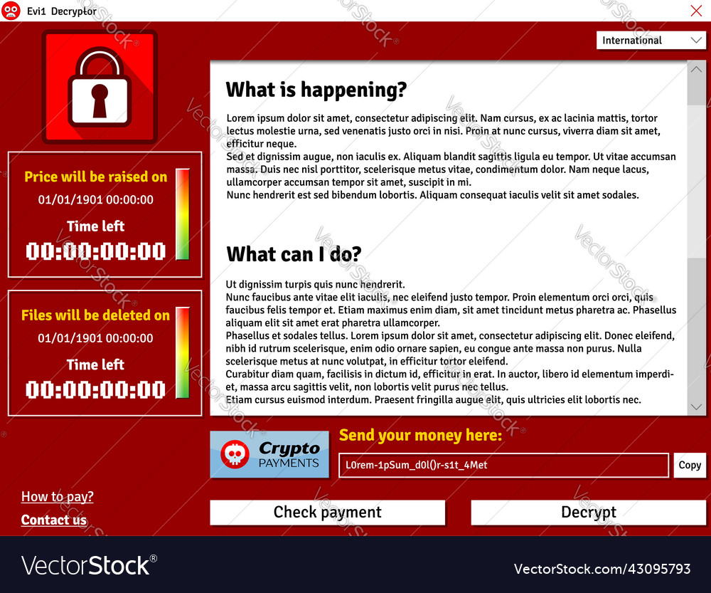 Cryptolocker virus interface window showing vector image Cryptolocker virus interface window showing