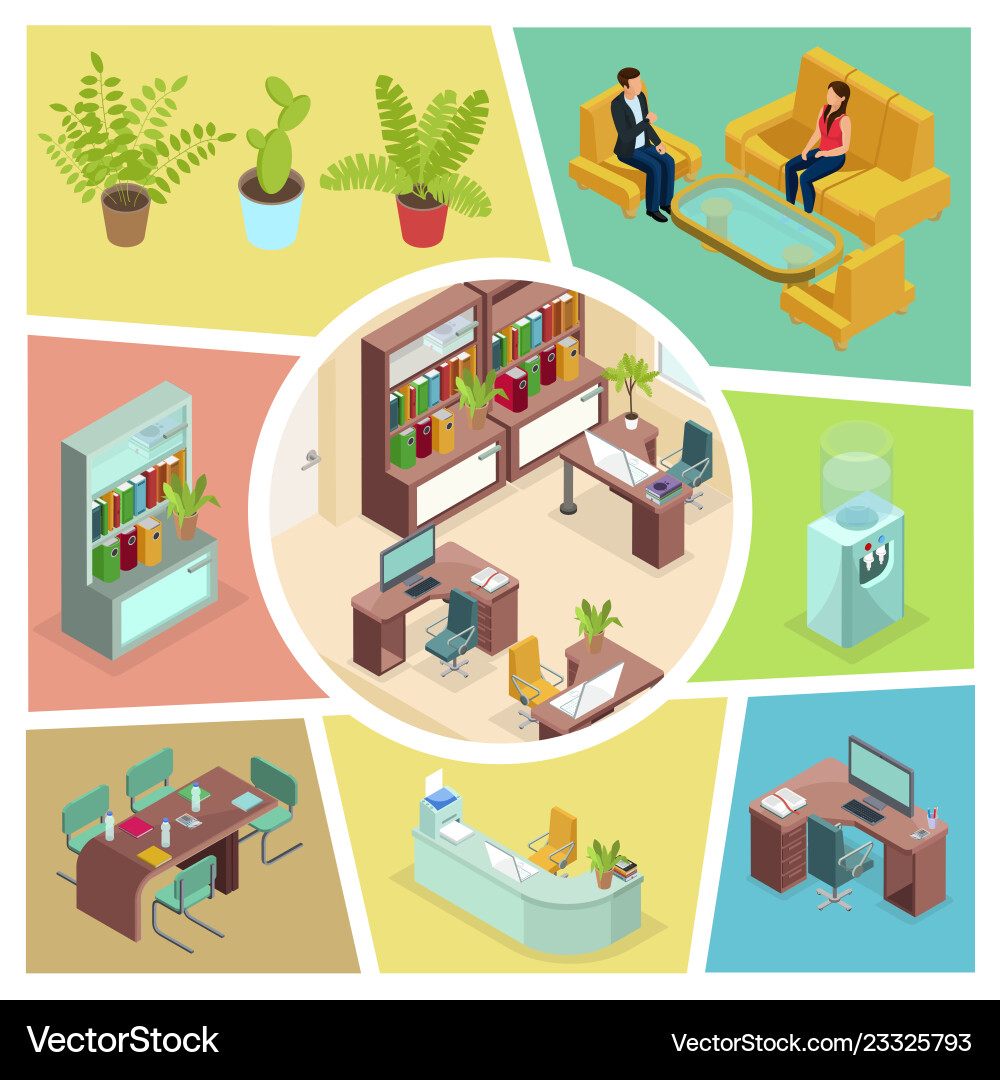 Isometric office interior composition Royalty Free Vector