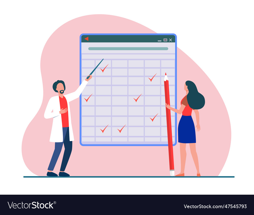 Tiny people looking at checkmarks in huge table Vector Image Tiny people looking at checkmarks in huge table