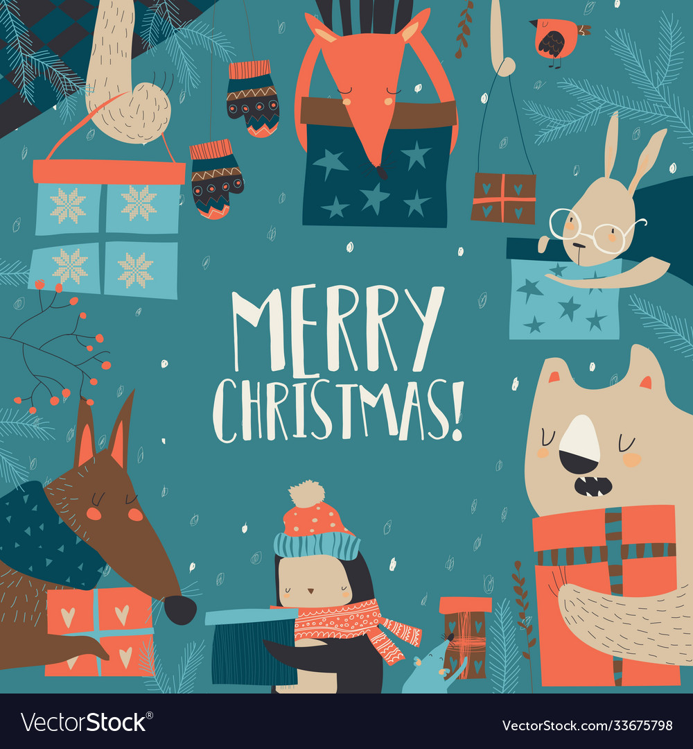 Cartoon happy animals holding christmas presents Vector Image