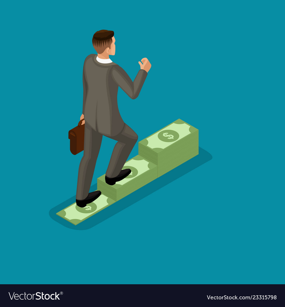 Isometric businessman big pile dollars in a bank