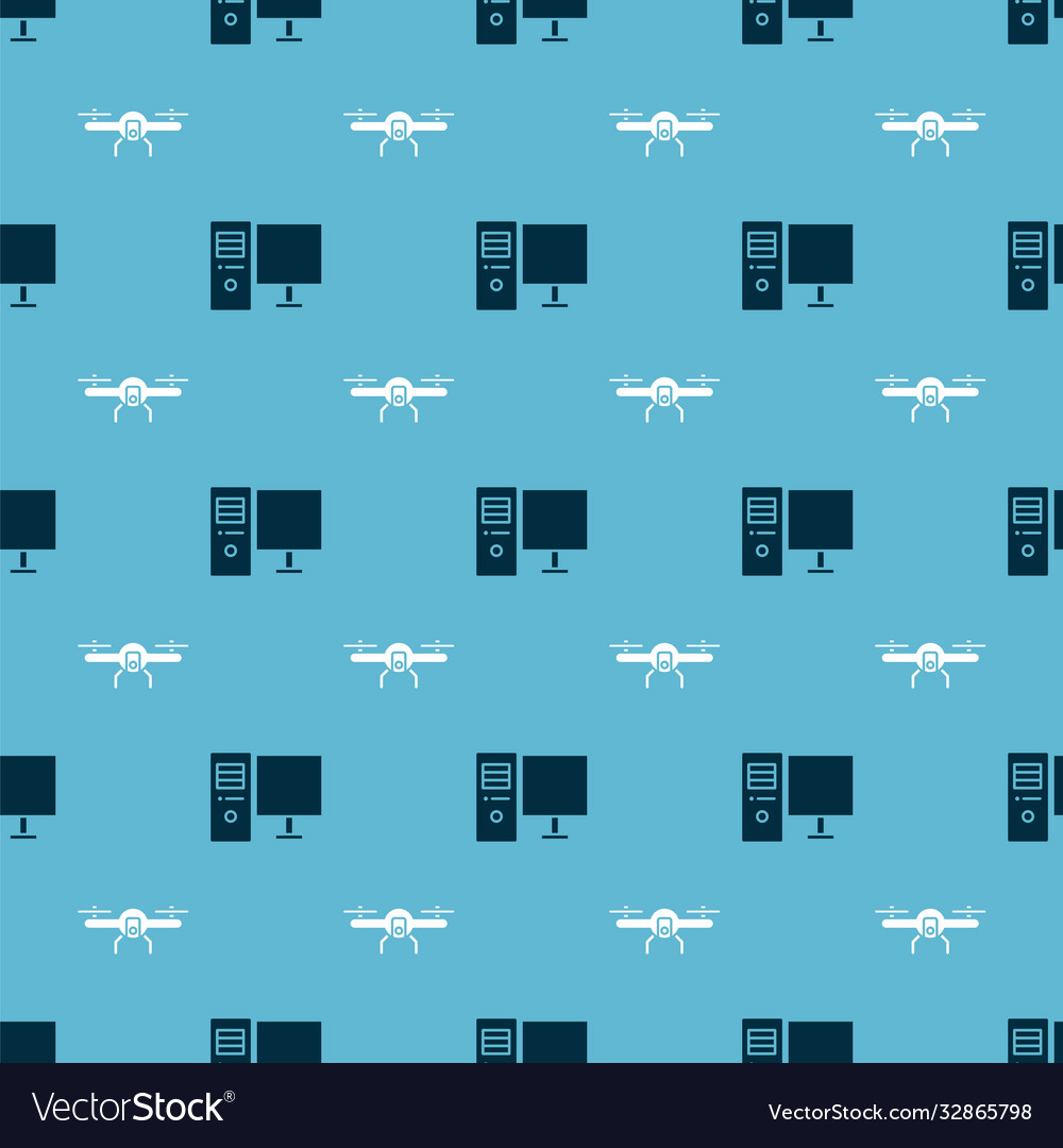 Set computer monitor and drone flying on seamless vector image Set computer monitor and drone flying on seamless
