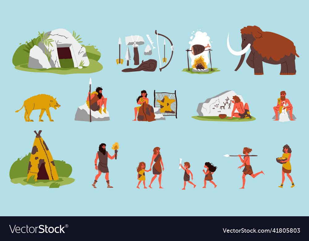 Primitive people color set Royalty Free Vector Image