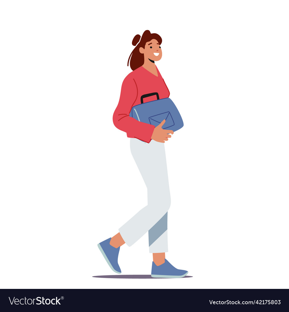 Young woman with bag in hand walking female