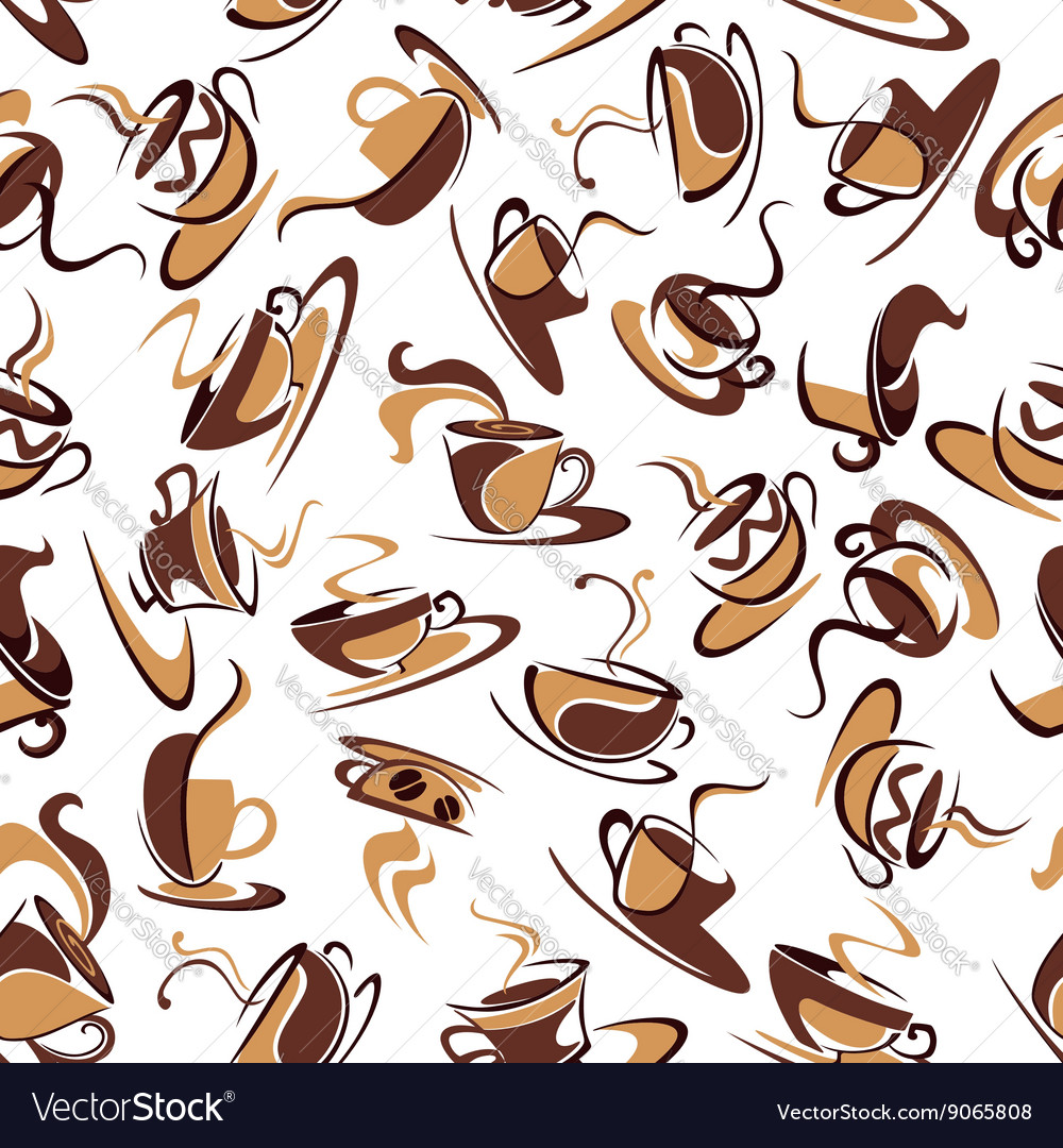 Brown cups of coffee with beans seamless pattern Vector Image