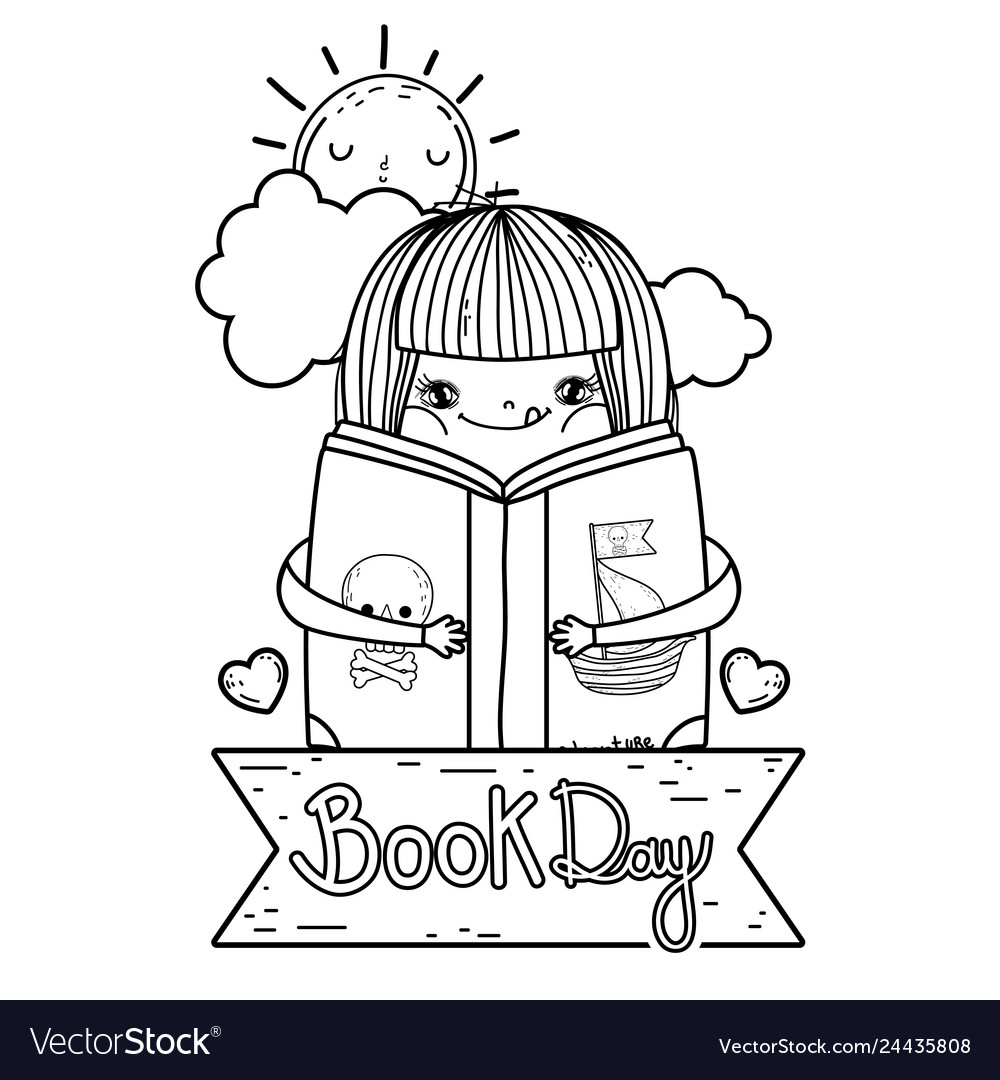 Happy little girl reading book with sun kawaii Vector Image