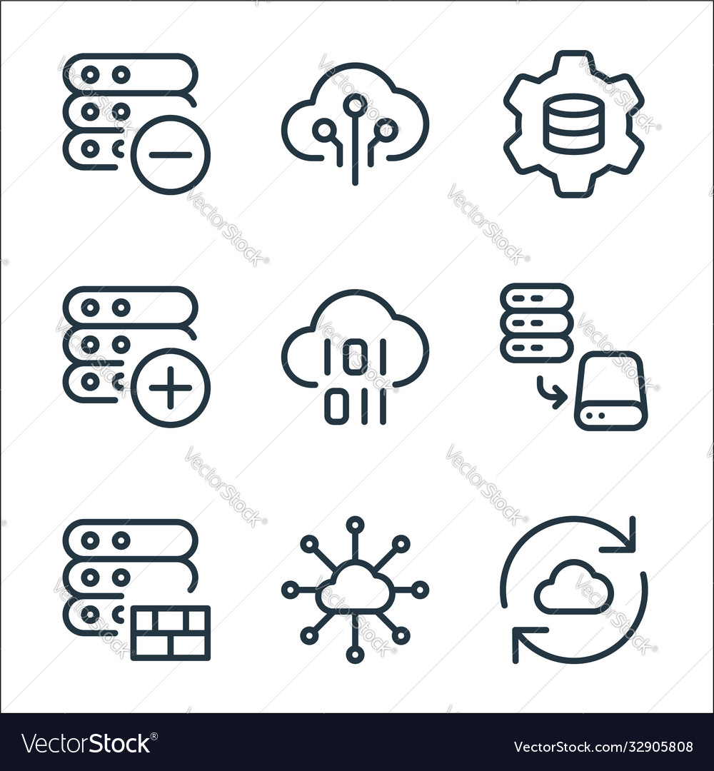 Work office server line icons linear set quality vector image Work office server line icons linear set quality