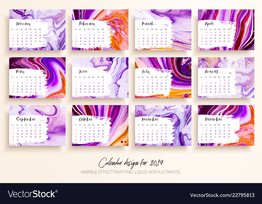 Calendar design for 2019 set of 12 calendar pages Vector Image