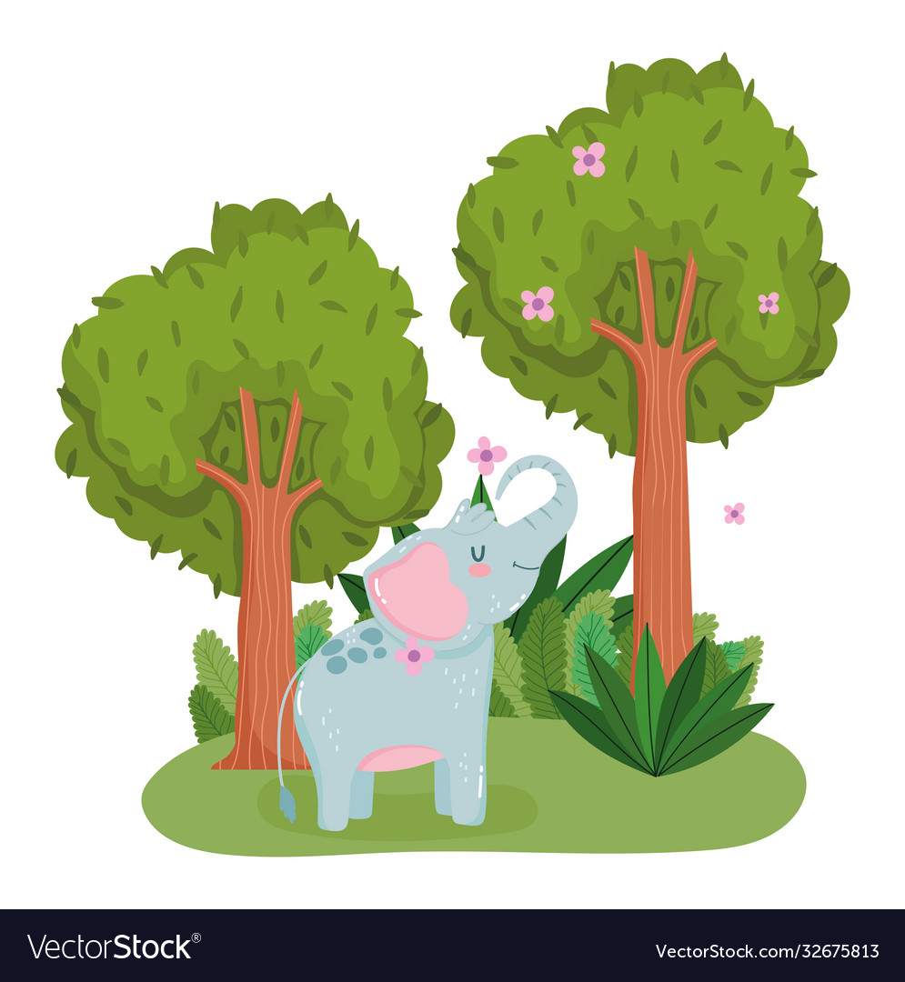 Cute elephant with flowers and trees animal grass