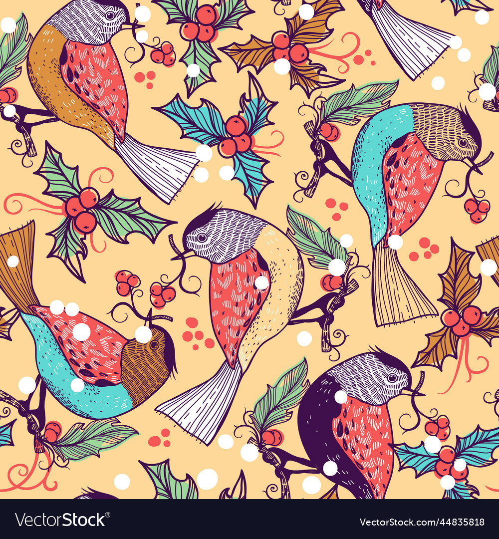 Christmas seamless pattern with colored birds