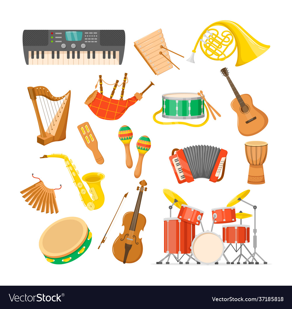 Set classical musical metal wood acoustic Vector Image