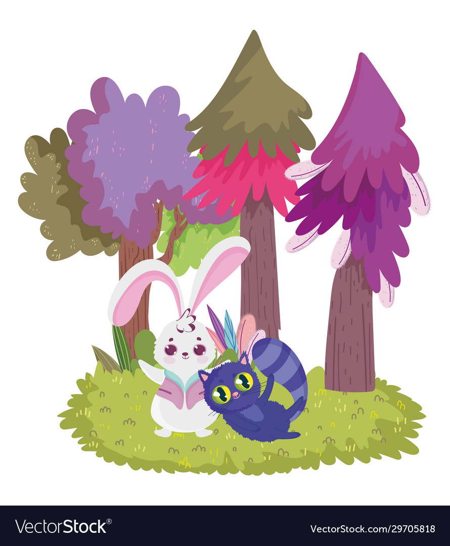 Wonderland rabbit and cat pine trees cartoon