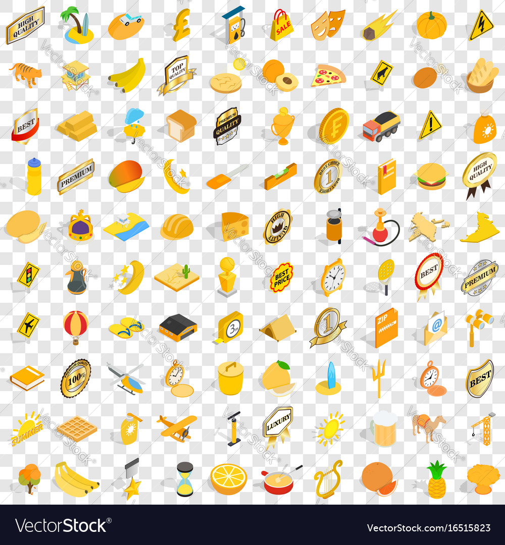 100 yellow icons set isometric 3d style