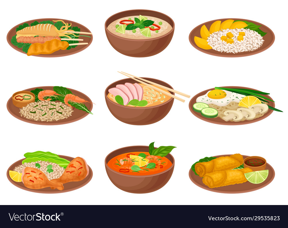 Appetizing thai food served on ceramic plates side