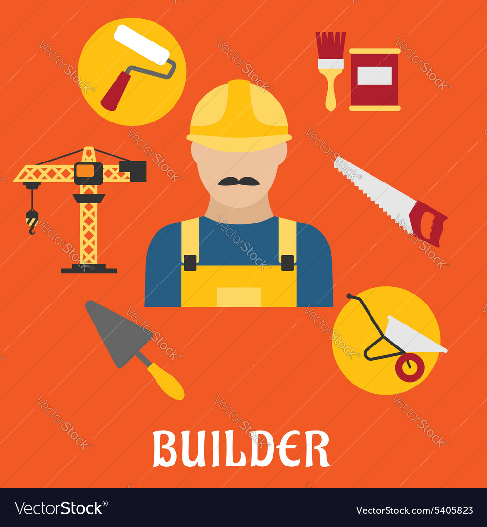 Builder with flat tools icons Royalty Free Vector Image