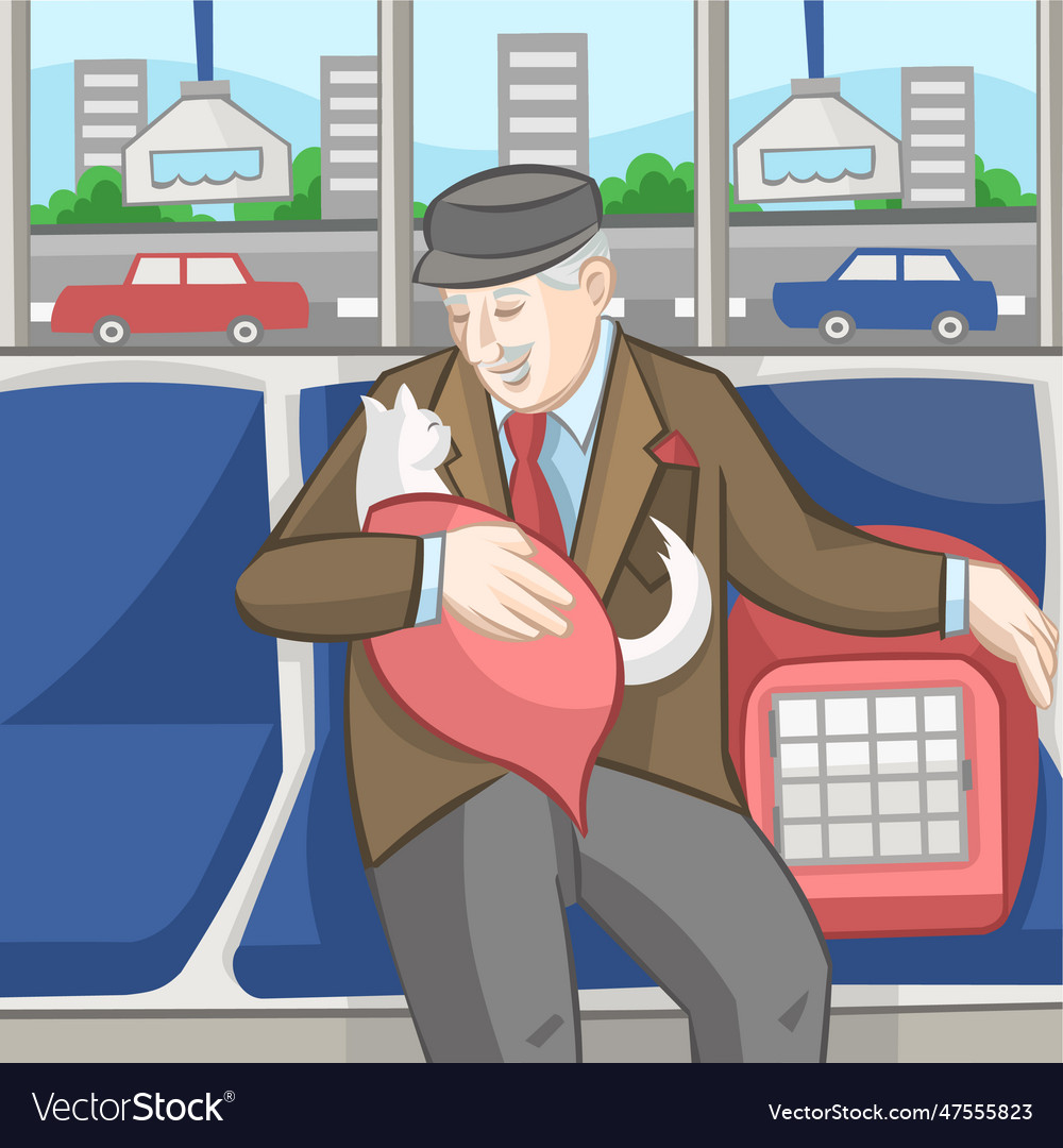 Old man with white cat and carrier in public bus