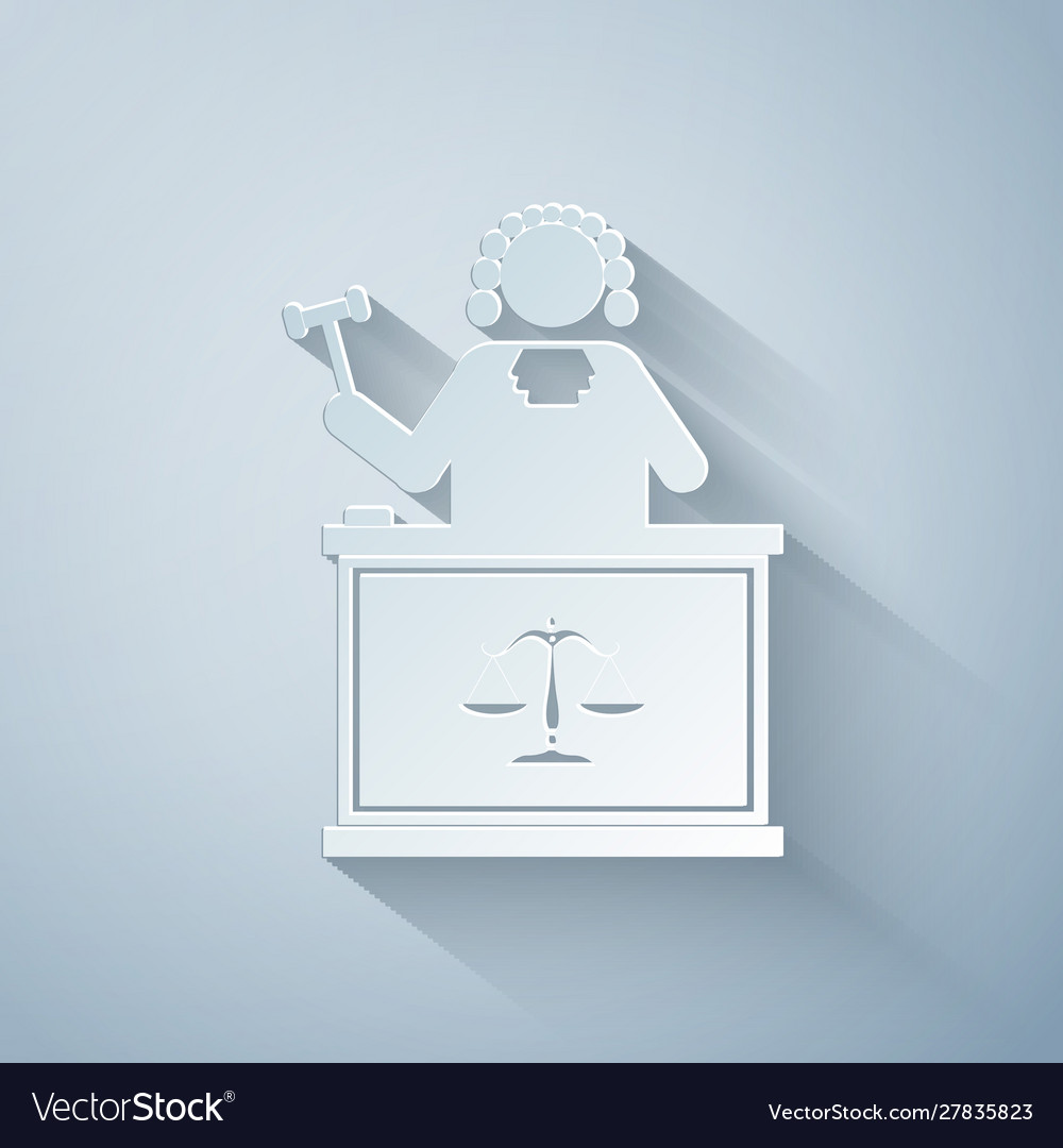 Paper cut judge with gavel on table icon isolated