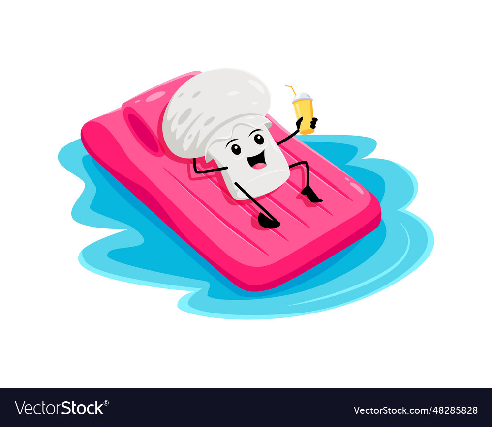 Cartoon champignon Charakter schwimmen auf einer Matratze