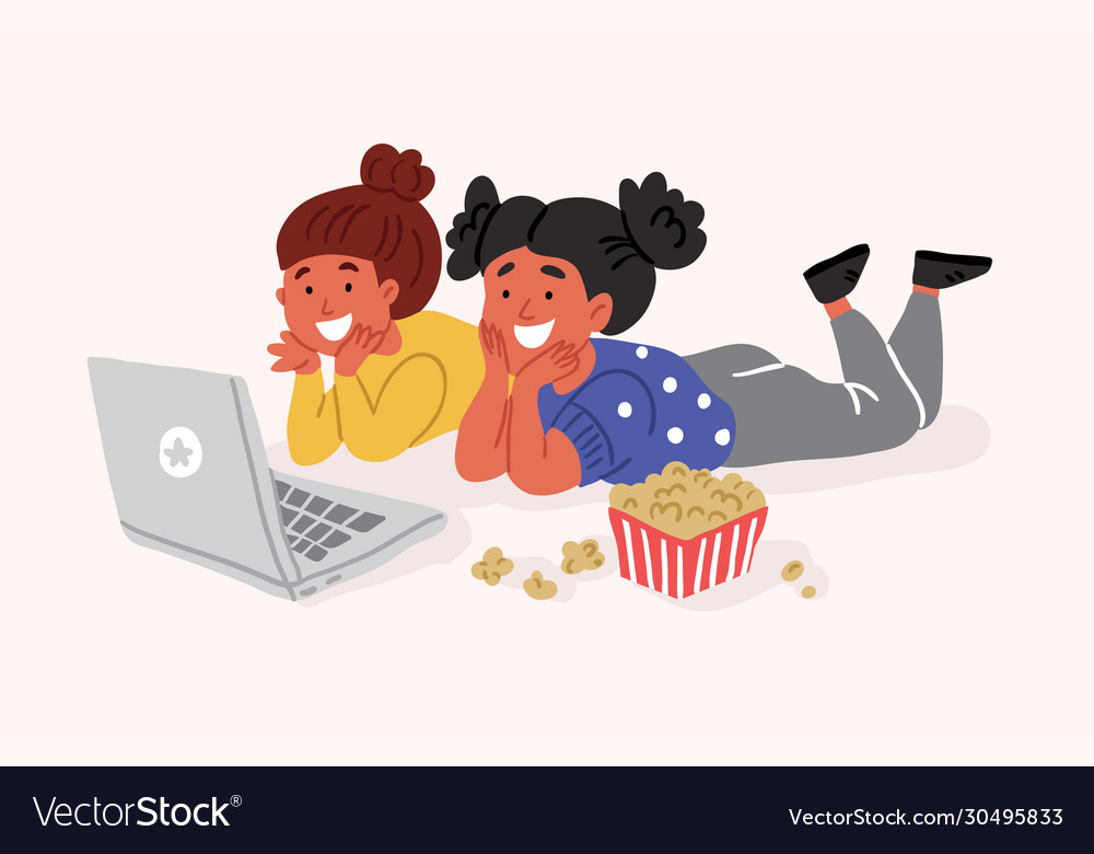 girls-friends-watching-movie-with-popcorn-laptop-vector-image