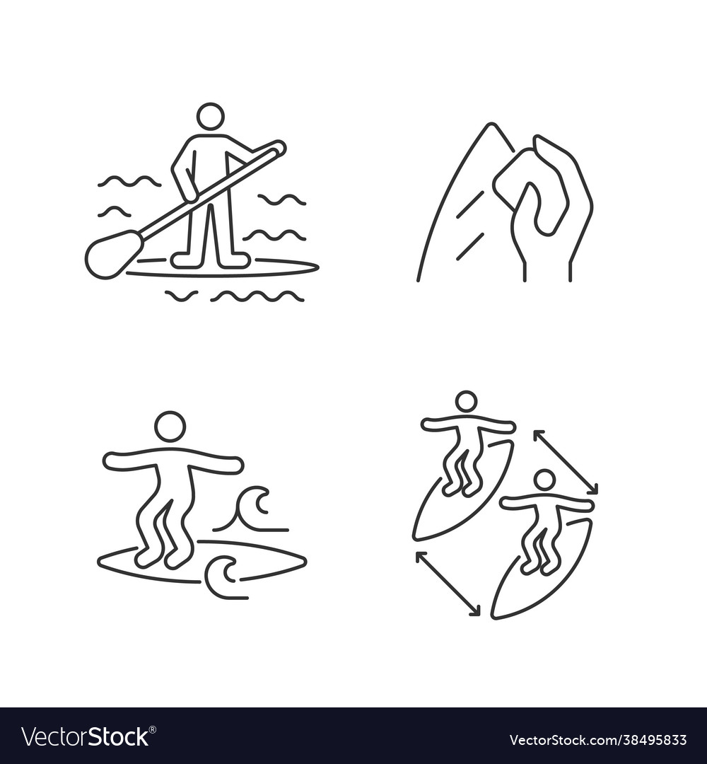 Riding waves in ocean linear icons set vector image Riding waves in ocean linear icons set