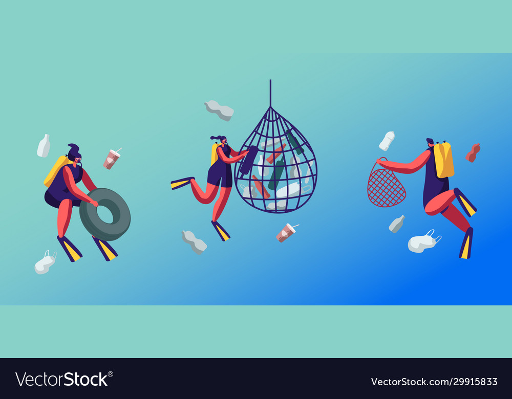 Scuba divers swimming in ocean and collecting vector image Scuba divers swimming in ocean and collecting