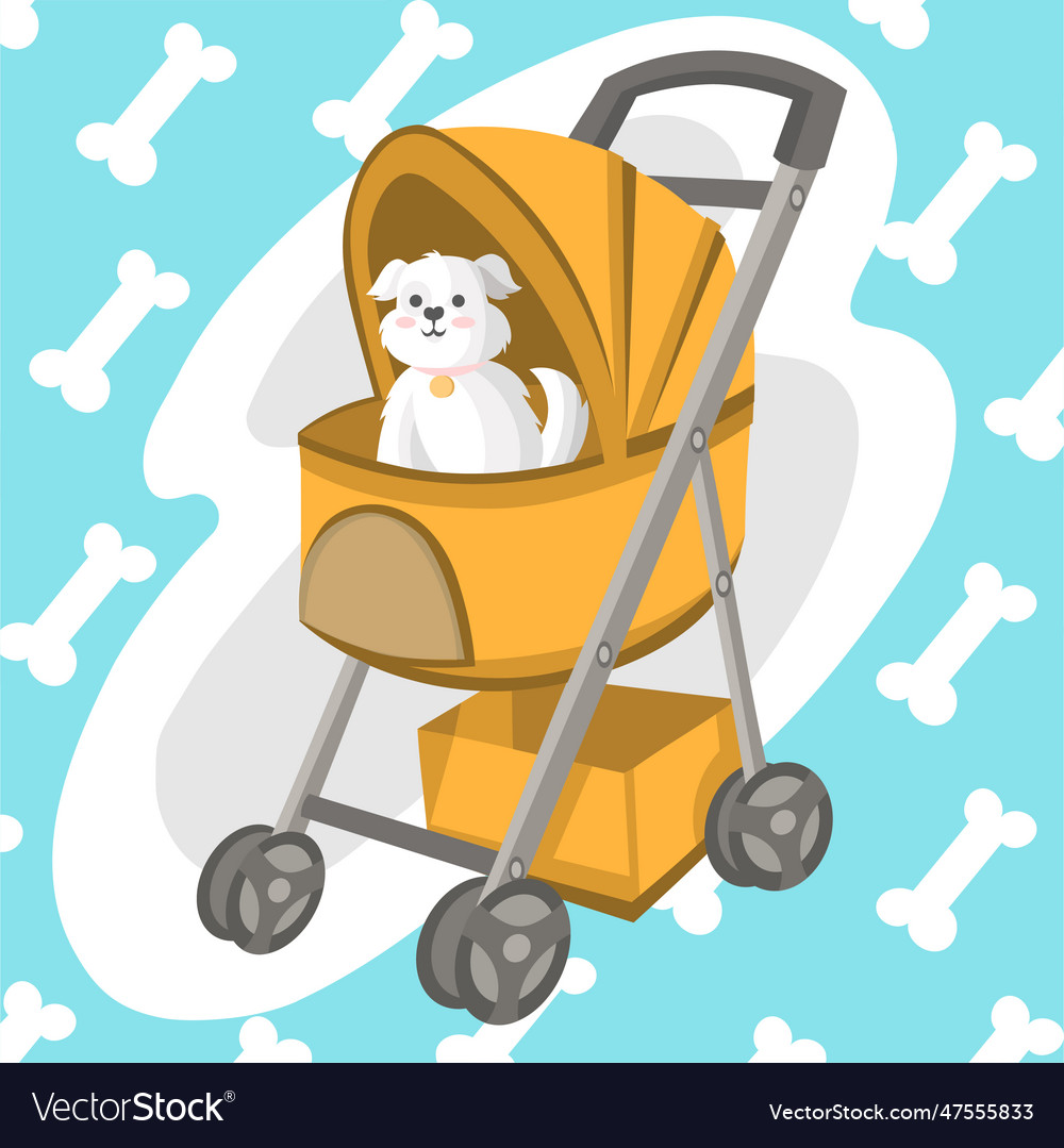 White fluffy little puppy in yellow dog stroller