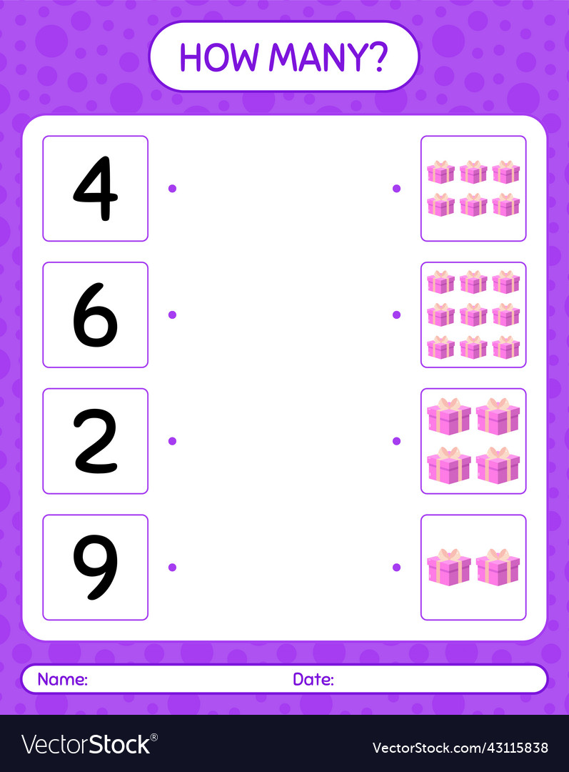 How many counting game with gift box worksheet Vector Image How many counting game with gift box worksheet