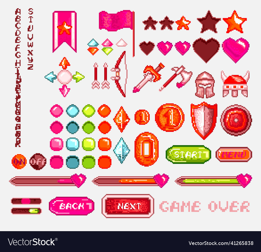 Pixel game asset icon and element set Royalty Free Vector