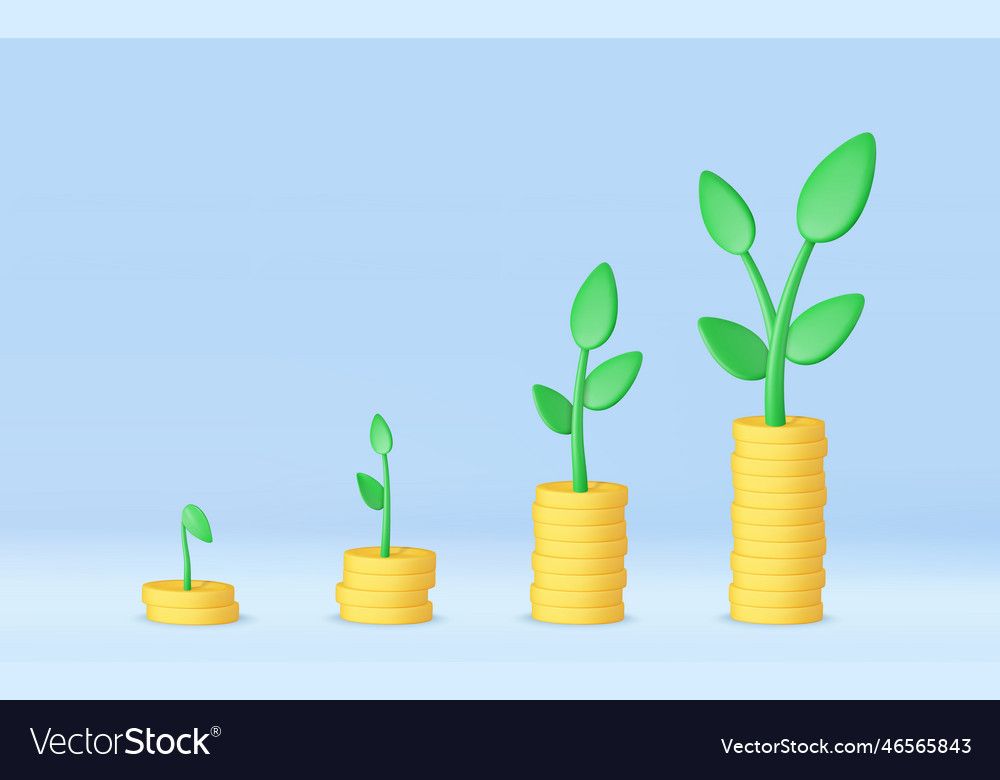 3d coin stacks growing graph with trees Vector Image 3d coin stacks growing graph with trees