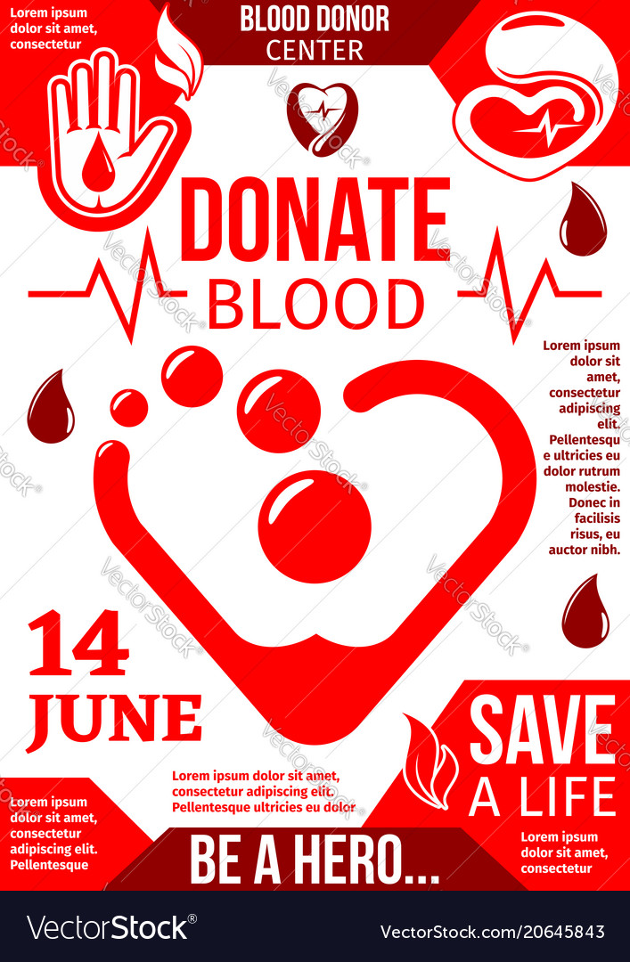 Blood donor center banner with red drop and heart Vector Image