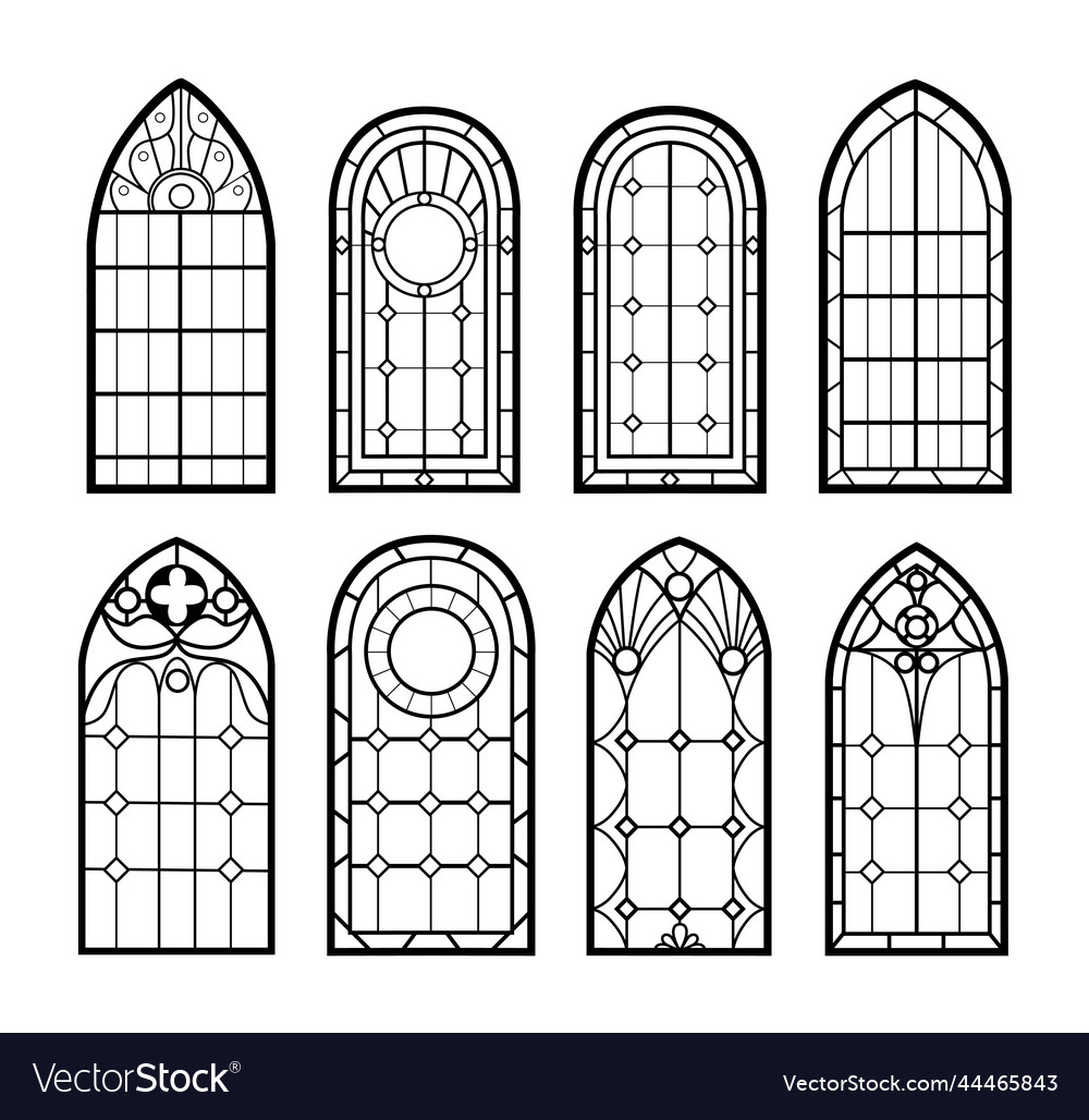 Stained glass arch window frames architecture Vector Image