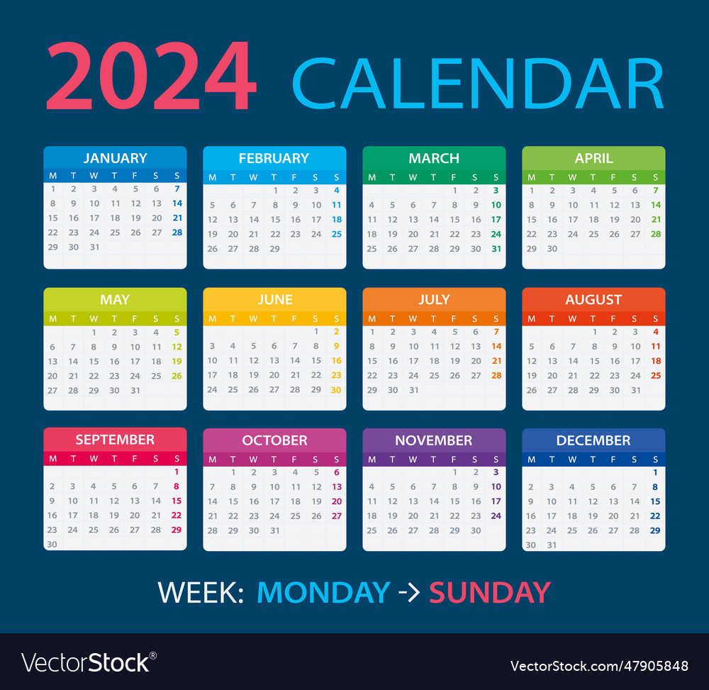 2024 calendar - week starts Royalty Free Vector Image