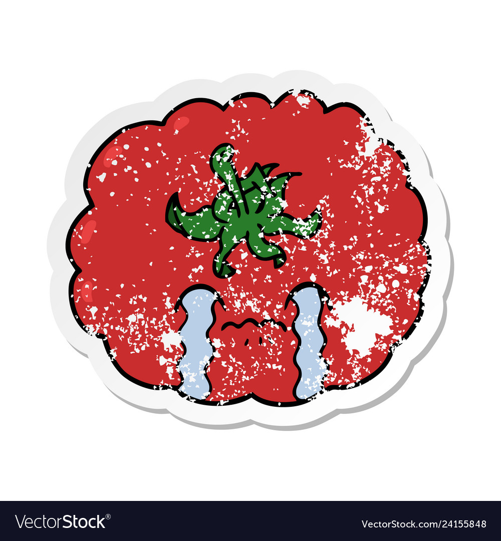 Distressed Aufkleber einer Karikatur weinen Tomaten vector image Distressed Aufkleber einer Karikatur weinen Tomaten