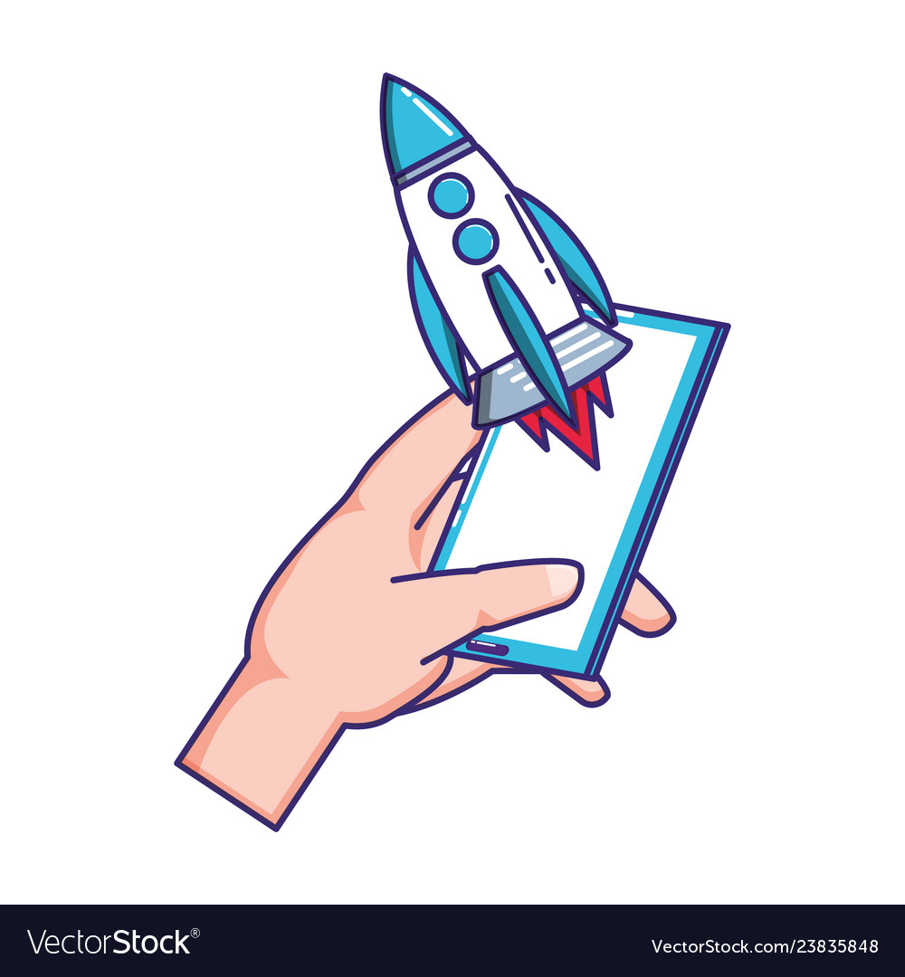 Hand using smartphone with rocket Vector Image Hand using smartphone with rocket