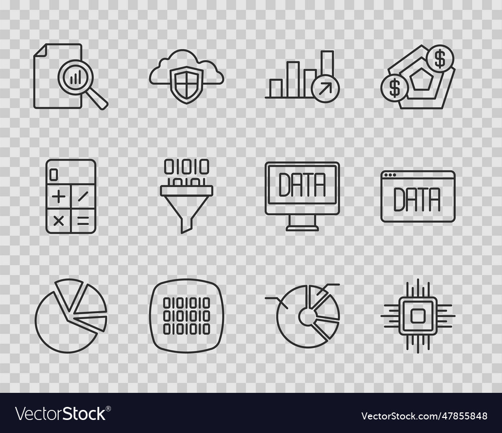 Set line pie chart infographic processor cpu vector image Set line pie chart infographic processor cpu