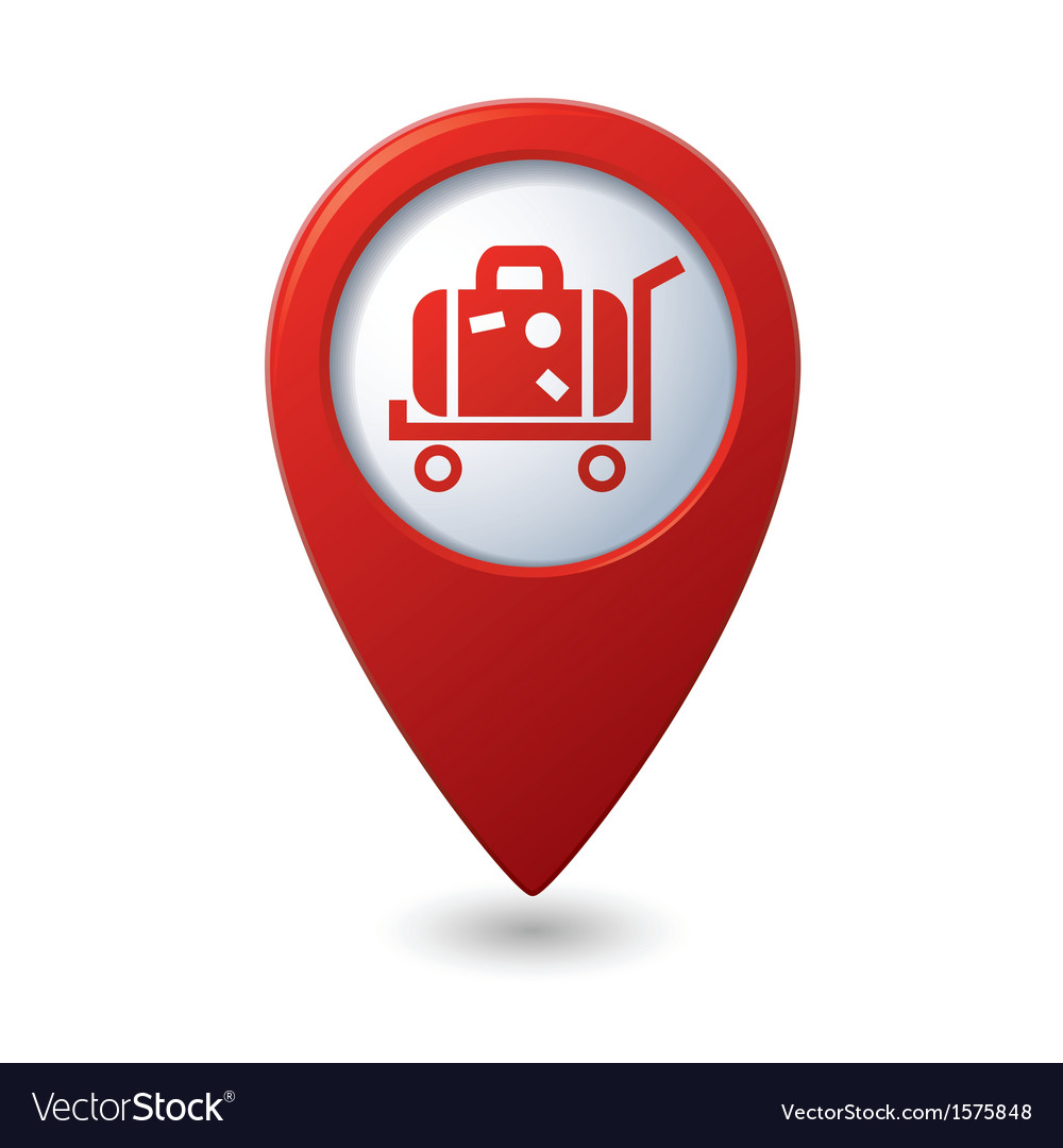 Suitcase on wheelbarrow icon red map pointer