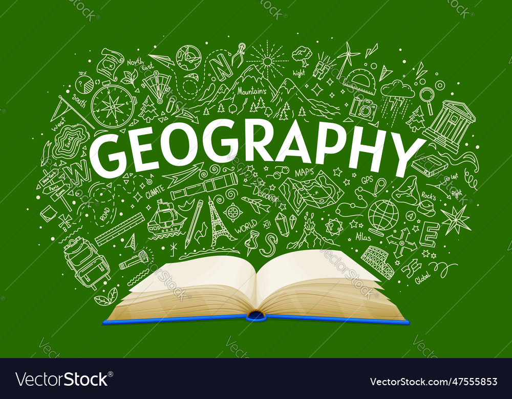 Geography textbook on school chalkboard background